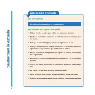 Educación primaria
Identificar distintos estilos de comunicación.
qué pretendemos
62
qué podemos hacer para conseguirlo
❿ Utilizar el estilo asertivo para hablar con alumnos y alumnas.
❿ Ayudar al alumnado a reconocer el estilo de comunicación suyo y de
los demás.
❿ Trabajar el autocontrol y no permitir las explosiones de ira.
❿ Trabajar la comunicación asertiva, reforzando a los alumnos y alumnas
agresivos/as y/o pasivos/as que modifiquen su actitud.
❿ Animar al alumnado más pasivo a que exprese su opinión, reforzándole
esas expresiones.
❿ Reconocer la particularidad de cada persona y sacarla a la luz como algo
positivo.
❿ Indicar por medio del mensaje, la claridad en la petición o en la nega-
tiva.
❿ Ser claros y firmes en la actitud y decisión tomada.
❿ Hacer prácticas para afrontar la hostilidad en las demás personas.
❿ Trabajar las técnicas de resolución de conflictos y habilidades sociales.
pautasparalaescuela
 