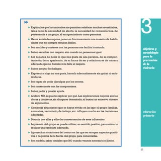 65
3
objetivos y
metodología
para la
prevención
de la
violencia
❿ Explicarles que las amistades nos permiten satisfacer muchas necesidades,
tales como la necesidad de afecto, la necesidad de comunicarnos, de
pertenencia a un grupo, el enriquecimiento como personas.
❿ Hacer amistades supone poner en funcionamiento una muestra de habili-
dades que no siempre resultan fáciles.
❿ Ser amables y corteses con las personas nos facilita la entrada.
❿ Saber escuchar con respeto, aún cuando no pensemos igual.
❿ Ser capaces de decir lo que nos gusta de una persona, de su compor-
tamiento, de su apariencia, de su forma de ser y relacionarse de manera
adecuada que no humille ni le falte el respeto.
❿ Saber aceptar los halagos.
❿ Expresar si algo no nos gusta, hacerlo adecuadamente sin gritar ni enfu-
rruñarse.
❿ Ser capaz de pedir disculpas por los errores.
❿ Ser consecuente con los compromisos.
❿ Saber pedir y prestar ayuda.
❿ Al decir NO, se puede explicar por qué. Las explicaciones mejores son las
claras y concretas, sin alargarse demasiado, ni buscar un excesivo número
de argumentos.
❿ Comentar situaciones que se hayan vivido en las que el grupo familiar,
amistades, vecindario, de trabajo, etc. influyera mucho en las decisiones
adoptadas.
❿ Discutir con ellas y ellos las consecuencias de esas influencias.
❿ La presión del grupo se puede utilizar, en sentido positivo, para animar a
realizar una conducta adecuada.
❿ Aprovechar situaciones del centro en las que se recogen aspectos positi-
vos o negativos de la fuerza del grupo, para comentarlas.
❿ Ser modelo, saber decirles que NO cuando veamos necesario el límite.
educación
primaria
 