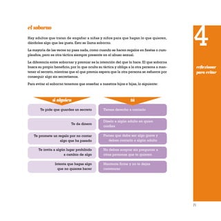 Te pide que guardes un secreto
Te da dinero
Te promete un regalo por no contar
algo que ha pasado
Te invita a algún lugar prohibido
a cambio de algo
Intenta que hagas algo
que no quieres hacer
Tienes derecho a contarlo
Díselo a algún adulto en quien
confíes
Piensa que debe ser algo grave y
debes contarlo a algún adulto
No debes aceptar sin preguntar a
otras personas que te quieren
Mantente firme y no te dejes
convencer
71
el soborno
Hay adultos que tratan de engañar a niñas y niños para que hagan lo que quieren,
dándoles algo que les gusta. Esto se llama soborno.
La mayoría de las veces no pasa nada, como cuando se hacen regalos en fiestas o cum-
pleaños, pero es otra táctica siempre presente en el abuso sexual.
La diferencia entre sobornar y premiar es la intención del que lo hace. El que soborna
busca su propio beneficio, por lo que oculta su táctica y obliga a la otra persona a man-
tener el secreto, mientras que el que premia espera que la otra persona se esfuerce por
conseguir algo sin secretismos.
Para evitar el soborno tenemos que enseñar a nuestros hijos e hijas, lo siguiente:
4
reflexionar
para evitar
túsi alguien
 