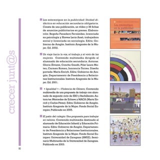 80
Los estereotipos en la publicidad: Unidad di-
dáctica en educación secundaria obligatoria.
Consta de una publicación, un vídeo y 38 fichas
de anuncios publicitarios en prensa. Elabora-
ción: Begoña Panadero Fernández, licenciada
en psicología y Nieves Leris Ansó, trabajadora
social y licenciada en sociología. Edita: Go-
bierno de Aragón. Instituto Aragonés de la Mu-
jer. Ed. 2002.
Un viaje hacia la voz, el trabajo y el voto de las
mujeres. Contenido multimedia dirigido al
alumnado de educación secundaria. Autoras:
Gloria Álvarez, Concha Gaudó, Pilar Laura Ma-
teo, Carmen Romeo, Inocencia Torres. Diseño
portada: Marta Enrich. Edita: Gobierno de Ara-
gón. Departamento de Presidencia y Relacio-
nes Institucionales. Instituto Aragonés de la Mu-
jer. Ed. 2001.
+ Igualdad = – Violencia de Género. Contenido
multimedia de una propuesta de trabajo con alum-
nado de segundo ciclo de ESO y Bachillerato.Au-
tora/es:Mercedes de Echave y MACA (Marta En-
rich y Carlos Pérez).Edita:Gobierno de Aragón.
Instituto Aragonés de la Mujer. Fondo Social Eu-
ropeo. Publicado en 2005.
El patio del colegio: Una propuesta para trabajar
en valores. Contenido multimedia destinado al
alumnado de Educación Infantil y Educación Pri-
maria.Edita:Gobierno de Aragón.Departamen-
to de Presidencia y Relaciones Institucionales.
Instituto Aragonés de la Mujer. Fondo Social Eu-
ropeo. Universidad de Zaragoza (SMUZ). Semi-
nario Multimedia de la Universidad de Zaragoza.
Publicado en 2003.
crecerjunt@s
 