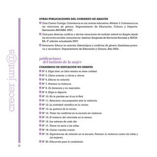 82
OTRAS PUBLICACIONES DEL GOBIERNO DE ARAGÓN
Guía Cuento Contigo.Convivencia en los centros educativos.Módulo 3: Convivencia en
las relaciones de género. Departamento de Educación, Cultura y Deporte.
Asociación ADCARA. 2007.
Guía para detectar,notificar y derivar situaciones de maltrato infantil en Aragón desde
los servicios sociales comunitarios. Instituto Aragonés de Servicios Sociales y ADCA-
RA. 2ª edición actualizada 2007.
Seminario: Educar en relación. Estereotipos y conflictos de género. Enseñanza prima-
ria y secundaria. Departamento de Educación y Ciencia. Año 2002.
publicaciones
del instituto de la mujer
CUADERNOS DE EDUCACIÓN NO SEXISTA
Nº 4. Elige bien: un libro sexista no tiene calidad.
Nº 5. Cómo orientar a chicas y chicos.
Nº 6. Educar en relación.
Nº 7. Prevenir la violencia.
Nº 8. En femenino y en masculino.
Nº 9. Elige tu deporte.
Nº 10. No te pierdas ser tú en la Red.
Nº 11. Relaciona: una propuesta ante la violencia.
Nº 12. La actividad científica en la cocina.
Nº 13. La química de la cocina.
Nº 14. Tratar los conflictos en la escuela sin violencia.
Nº 15. El misterio del chocolate en la nevera.
Nº 16. Los saberes de cada día.
Nº 17. Tomar en serio a las niñas.
Nº 18. Contar cuentos cuenta.
Nº 19. Experiencias de relación en la escuela. Prevenir la violencia contra las niñas y
las mujeres.
Nº 20. Educación para la ciudadanía.
crecerjunt@s
 
