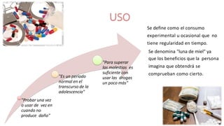 "Probar una vez
o usar de vez en
cuando no
produce daño"
"Es un periodo
normal en el
transcurso de la
adolescencia"
"Para superar
las molestias es
suficiente con
usar las drogas
un poco más"
Se define como el consumo
experimental u ocasional que no
tiene regularidad en tiempo.
Se denomina "luna de miel" ya
que los beneficios que la persona
imagina que obtendrá se
comprueban como cierto.
 