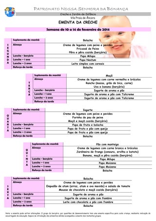 PATRONATO NOSSA SENHORA DA BONANÇA
Creche e Jardim-de-Infância
Vila Praia de Âncora

EMENTA DA CRECHE
Semana de 10 a 14 de fevereiro de 2014
Suplemento da manhã
S
E
G
U
N
D
A

Bolacha

Almoço

Creme de legumes com peixe e pevides
Fricassé de Peixe
Pêra e pêra cozida (berçário)
Papa Milupa
Papa Nestum
Leite simples com cereais
Bolacha

Lanche - berçário
Lanche – 1 ano
Lanche – 2 anos
Reforço da tarde
Suplemento da manhã
Almoço
T
E
R
Ç
A

Q
U
A
R
T
A

Lanche - berçário
Lanche – 1 ano
Lanche – 2 anos
Reforço da tarde

Suplemento da manhã
Almoço

Suplemento da manhã
Almoço

Lanche - berçário
Lanche – 1 ano
Lanche – 2 anos
Reforço da tarde

Suplemento da manhã
Almoço
S
E
X
T
A

Iogurte
Creme de legumes com peixe e pevides
Farinha de pau de peixe
Maçã e maçã cozida (berçário)
Papa de fruta e bolacha
Papa de fruta e pão com queijo
Papa de fruta e pão com queijo
Bolacha

Lanche - berçário
Lanche – 1 ano
Lanche – 2 anos
Reforço da tarde

Q
U
I
N
T
A

Lanche - berçário
Lanche – 1 ano
Lanche – 2 anos
Reforço da tarde

Maçã
Creme de legumes com carne vermelha e brócolos
Rancho (massa, grão de bico, carne)
Uva e banana (berçário)
Iogurte de aroma e pão
Iogurte de aroma e pão com Tulicreme
Iogurte de aroma e pão com Tulicreme

Pão com manteiga
Creme de legumes com carne branca e brócolos
Jardineira de frango (cenoura, ervilha e batata)
Banana, maçã e pêra cozida (berçário)
Papa Milupa
Papa Maizena
Papa Maizena
Bolacha

Bolacha
Creme de legumes com peixe e pevides
Empadão de atum (arroz, atum e ovo mexido) e salada de tomate
Mousse de chocolate e maçã cozida (berçário)
Iogurte de aroma e pão
Iogurte de aroma e pão com fiambre
Leite com chocolate e pão com fiambre
Bolacha

Nota: a ementa pode sofrer alterações. O grupo do berçário, por questões de desenvolvimento tem uma ementa específica para cada criança, mediante indicação do
encarregado de educação. Depois da introdução dos alimentos sólidos acompanha a ementa dos restantes grupos.

 