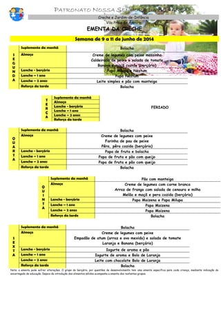 PATRONATO NOSSA SENHORA DA BONANÇA
Creche e Jardim-de-Infância
Vila Praia de Âncora
EMENTA DA CRECHE
Semana de 9 a 11 de junho de 2014
S
E
G
U
N
D
A
Suplemento da manhã Bolacha
Almoço Creme de legumes com peixe massinha
Caldeirada de peixe e salada de tomate
Banana e maçã cozida (berçário)
Lanche - berçário Papa Milupa e Nestum
Lanche – 1 ano Papa Nestum
Lanche – 2 anos Leite simples e pão com manteiga
Reforço da tarde Bolacha
T
E
R
Ç
A
Suplemento da manhã
FERIADO
Almoço
Lanche - berçário
Lanche – 1 ano
Lanche – 2 anos
Reforço da tarde
Q
U
A
R
T
A
Suplemento da manhã Bolacha
Almoço Creme de legumes com peixe
Farinha de pau de peixe
Pêra, pêra cozida (berçário)
Lanche - berçário Papa de fruta e bolacha
Lanche – 1 ano Papa de fruta e pão com queijo
Lanche – 2 anos Papa de fruta e pão com queijo
Reforço da tarde Bolacha
Q
U
I
N
T
A
Suplemento da manhã Pão com manteiga
Almoço Creme de legumes com carne branca
Arroz de frango com salada de cenoura e milho
Melão e maçã e pera cozida (berçário)
Lanche - berçário Papa Maizena e Papa Milupa
Lanche – 1 ano Papa Maizena
Lanche – 2 anos Papa Maizena
Reforço da tarde Bolacha
S
E
X
T
A
Suplemento da manhã Bolacha
Almoço Creme de legumes com peixe
Empadão de atum (arroz e ovo mexido) e salada de tomate
Laranja e Banana (berçário)
Lanche - berçário Iogurte de aroma e pão
Lanche – 1 ano Iogurte de aroma e Bolo de Laranja
Lanche – 2 anos Leite com chocolate Bolo de Laranja
Reforço da tarde Bolacha
Nota: a ementa pode sofrer alterações. O grupo do berçário, por questões de desenvolvimento tem uma ementa específica para cada criança, mediante indicação do
encarregado de educação. Depois da introdução dos alimentos sólidos acompanha a ementa dos restantes grupos.
 