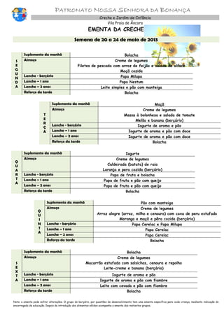 PATRONATO NOSSA SENHORA DA BONANÇA
Creche e Jardim-de-Infância
Vila Praia de Âncora
EMENTA DA CRECHE
Semana de 20 a 24 de maio de 2013
S
E
G
U
N
D
A
Suplemento da manhã Bolacha
Almoço Creme de legumes
Filetes de pescada com arroz de feijão e salada de alface
Maçã cozida
Lanche - berçário Papa Milupa
Lanche – 1 ano Papa Nestum
Lanche – 2 anos Leite simples e pão com manteiga
Reforço da tarde Bolacha
T
E
R
Ç
A
Suplemento da manhã Maçã
Almoço Creme de legumes
Massa à bolonhesa e salada de tomate
Melão e banana (berçário)
Lanche - berçário Iogurte de aroma e pão
Lanche – 1 ano Iogurte de aroma e pão com doce
Lanche – 2 anos Iogurte de aroma e pão com doce
Reforço da tarde Bolacha
Q
U
A
R
T
A
Suplemento da manhã Iogurte
Almoço Creme de legumes
Caldeirada (batata) de raia
Laranja e pera cozida (berçário)
Lanche - berçário Papa de fruta e bolacha
Lanche – 1 ano Papa de fruta e pão com queijo
Lanche – 2 anos Papa de fruta e pão com queijo
Reforço da tarde Bolacha
Q
U
I
N
T
A
Suplemento da manhã Pão com manteiga
Almoço Creme de legumes
Arroz alegre (arroz, milho e cenoura) com coxa de peru estufado
Morango e maçã e pêra cozida (berçário)
Lanche - berçário Papa Cerelac e Papa Milupa
Lanche – 1 ano Papa Cerelac
Lanche – 2 anos Papa Cerelac
Reforço da tarde Bolacha
S
E
X
T
A
Suplemento da manhã Bolacha
Almoço Creme de legumes
Macarrão estufada com salsichas, cenoura e repolho
Leite-creme e banana (berçário)
Lanche - berçário Iogurte de aroma e pão
Lanche – 1 ano Iogurte de aroma e pão com fiambre
Lanche – 2 anos Leite com cevada e pão com fiambre
Reforço da tarde Bolacha
Nota: a ementa pode sofrer alterações. O grupo do berçário, por questões de desenvolvimento tem uma ementa específica para cada criança, mediante indicação do
encarregado de educação. Depois da introdução dos alimentos sólidos acompanha a ementa dos restantes grupos,
 