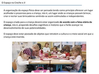 O	
  Espaço	
  na	
  Creche	
  e	
  JI	
  
A	
  organização	
  do	
  espaço	
  sico	
  deve	
  ser	
  pensada	
  tendo	
  como	
  princípio	
  oferecer	
  um	
  lugar	
  
acolhedor	
  e	
  prazeroso	
  para	
  a	
  criança,	
  isto	
  é,	
  um	
  lugar	
  onde	
  as	
  crianças	
  possam	
  brincar,	
  
criar	
  e	
  recriar	
  suas	
  brincadeiras	
  sen6ndo-­‐se	
  assim	
  es6muladas	
  e	
  independentes.	
  	
  
	
  
O	
  espaço	
  criado	
  para	
  a	
  criança	
  deverá	
  estar	
  organizado	
  de	
  acordo	
  com	
  a	
  faixa	
  etária	
  da	
  
criança,	
  isto	
  é,	
  propondo	
  desaﬁos	
  cogni6vos	
  e	
  motores	
  que	
  a	
  farão	
  avançar	
  no	
  
desenvolvimento	
  de	
  suas	
  potencialidades.	
  
O	
  espaço	
  deve	
  estar	
  povoado	
  de	
  objetos	
  que	
  retratem	
  a	
  cultura	
  e	
  o	
  meio	
  social	
  em	
  que	
  a	
  
criança	
  está	
  inserida.	
  
 