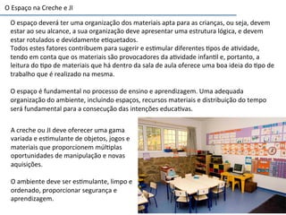 O	
  espaço	
  deverá	
  ter	
  uma	
  organização	
  dos	
  materiais	
  apta	
  para	
  as	
  crianças,	
  ou	
  seja,	
  devem	
  
estar	
  ao	
  seu	
  alcance,	
  a	
  sua	
  organização	
  deve	
  apresentar	
  uma	
  estrutura	
  lógica,	
  e	
  devem	
  
estar	
  rotulados	
  e	
  devidamente	
  e6quetados.	
  
Todos	
  estes	
  fatores	
  contribuem	
  para	
  sugerir	
  e	
  es6mular	
  diferentes	
  6pos	
  de	
  a6vidade,	
  
tendo	
  em	
  conta	
  que	
  os	
  materiais	
  são	
  provocadores	
  da	
  a6vidade	
  infan6l	
  e,	
  portanto,	
  a	
  
leitura	
  do	
  6po	
  de	
  materiais	
  que	
  há	
  dentro	
  da	
  sala	
  de	
  aula	
  oferece	
  uma	
  boa	
  ideia	
  do	
  6po	
  de	
  
trabalho	
  que	
  é	
  realizado	
  na	
  mesma.	
  
	
  
O	
  espaço	
  é	
  fundamental	
  no	
  processo	
  de	
  ensino	
  e	
  aprendizagem.	
  Uma	
  adequada	
  
organização	
  do	
  ambiente,	
  incluindo	
  espaços,	
  recursos	
  materiais	
  e	
  distribuição	
  do	
  tempo	
  
será	
  fundamental	
  para	
  a	
  consecução	
  das	
  intenções	
  educa6vas.	
  
A	
  creche	
  ou	
  JI	
  deve	
  oferecer	
  uma	
  gama	
  
variada	
  e	
  es6mulante	
  de	
  objetos,	
  jogos	
  e	
  
materiais	
  que	
  proporcionem	
  múl6plas	
  
oportunidades	
  de	
  manipulação	
  e	
  novas	
  
aquisições.	
  
	
  
O	
  ambiente	
  deve	
  ser	
  es6mulante,	
  limpo	
  e	
  
ordenado,	
  proporcionar	
  segurança	
  e	
  
aprendizagem.	
  
O	
  Espaço	
  na	
  Creche	
  e	
  JI	
  
 