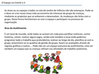 As	
  áreas	
  ou	
  os	
  espaços	
  criados	
  na	
  sala	
  do	
  Jardim	
  de	
  Infância	
  não	
  são	
  estanques.	
  Pode-­‐se	
  
e	
  deve-­‐se	
  criar	
  novas	
  áreas	
  indo	
  ao	
  encontro	
  do	
  interesse	
  do	
  grupo	
  de	
  crianças,	
  
mediante	
  os	
  projectos	
  que	
  se	
  es6verem	
  a	
  desenvolver.	
  As	
  mudanças	
  são	
  feitas	
  com	
  o	
  
grupo.	
  Desta	
  forma	
  familiarizam-­‐se	
  com	
  o	
  espaço	
  e	
  par6cipam	
  no	
  processo	
  de	
  
organização.	
  
	
  
Área	
  do	
  Acolhimento	
  
	
  
É	
  um	
  local	
  de	
  reunião,	
  onde	
  todos	
  se	
  sentam	
  em	
  roda	
  para	
  par6lhar	
  vivências,	
  contar	
  
histórias,	
  cantar,	
  realizar	
  alguns	
  jogos,	
  sendo	
  este	
  também	
  o	
  local	
  onde	
  podemos	
  
programar	
  todo	
  o	
  trabalho	
  que	
  pretendemos	
  realizar	
  ao	
  longo	
  do	
  dia,	
  planiﬁca-­‐se	
  com	
  o	
  
grupo,	
  preenchem-­‐se	
  os	
  quadros	
  de	
  gestão	
  do	
  grupo,	
  fazem-­‐se	
  avaliações	
  através	
  de	
  
registos	
  gráﬁcos	
  e	
  outros....	
  Pode	
  não	
  ser	
  um	
  espaço	
  exclusivo	
  do	
  acolhimento,	
  visto	
  ser	
  
também	
  um	
  espaço	
  que	
  as	
  crianças	
  u6lizam	
  nas	
  a6vidades	
  de	
  trabalho	
  autónomo.	
  
O	
  Espaço	
  na	
  Creche	
  e	
  JI	
  	
  
 