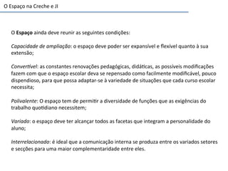 O	
  Espaço	
  ainda	
  deve	
  reunir	
  as	
  seguintes	
  condições:	
  
	
  
Capacidade	
  de	
  ampliação:	
  o	
  espaço	
  deve	
  poder	
  ser	
  expansível	
  e	
  ﬂexível	
  quanto	
  à	
  sua	
  
extensão;	
  
	
  
Conver:vel:	
  as	
  constantes	
  renovações	
  pedagógicas,	
  didá6cas,	
  as	
  possíveis	
  modiﬁcações	
  
fazem	
  com	
  que	
  o	
  espaço	
  escolar	
  deva	
  se	
  repensado	
  como	
  facilmente	
  modiﬁcável,	
  pouco	
  
dispendioso,	
  para	
  que	
  possa	
  adaptar-­‐se	
  à	
  variedade	
  de	
  situações	
  que	
  cada	
  curso	
  escolar	
  
necessita;	
  
	
  
Polivalente:	
  O	
  espaço	
  tem	
  de	
  permi6r	
  a	
  diversidade	
  de	
  funções	
  que	
  as	
  exigências	
  do	
  
trabalho	
  quo6diano	
  necessitem;	
  
	
  
Variado:	
  o	
  espaço	
  deve	
  ter	
  alcançar	
  todos	
  as	
  facetas	
  que	
  integram	
  a	
  personalidade	
  do	
  
aluno;	
  
	
  
Interrelacionado:	
  é	
  ideal	
  que	
  a	
  comunicação	
  interna	
  se	
  produza	
  entre	
  os	
  variados	
  setores	
  
e	
  secções	
  para	
  uma	
  maior	
  complementaridade	
  entre	
  eles.	
  
O	
  Espaço	
  na	
  Creche	
  e	
  JI	
  	
  
 