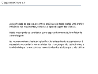 A	
  planiﬁcação	
  do	
  espaço,	
  desenho	
  e	
  organização	
  deste	
  exerce	
  uma	
  grande	
  
inﬂuência	
  nos	
  movimentos,	
  condutas	
  e	
  aprendizagem	
  das	
  crianças.	
  	
  
	
  
Deste	
  modo	
  pode-­‐se	
  considerar	
  que	
  o	
  espaço	
  sico	
  cons6tui	
  um	
  fator	
  de	
  
aprendizagem.	
  
	
  
No	
  momento	
  de	
  estabelecer	
  a	
  planiﬁcação	
  e	
  desenho	
  do	
  espaço	
  escolar	
  é	
  
necessário	
  responder	
  às	
  necessidades	
  das	
  crianças	
  que	
  vão	
  usufruir	
  dele,	
  e	
  
também	
  há	
  que	
  ter	
  em	
  conta	
  as	
  necessidades	
  dos	
  adultos	
  que	
  o	
  vão	
  u6lizar.	
  
O	
  Espaço	
  na	
  Creche	
  e	
  JI	
  	
  
 
