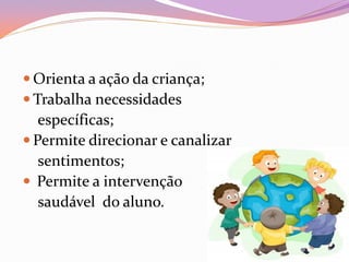  Orienta a ação da criança;
 Trabalha necessidades
específicas;
 Permite direcionar e canalizar
sentimentos;
 Permite a intervenção
saudável do aluno.
 
