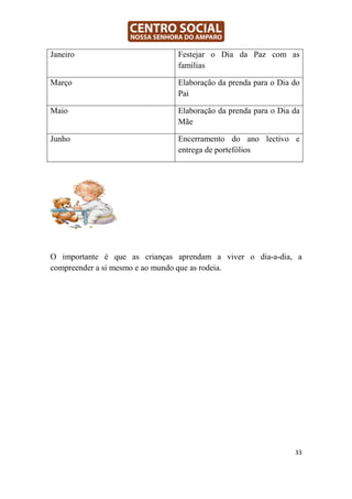 Janeiro                        Festejar o Dia da Paz com as
                               famílias

Março                          Elaboração da prenda para o Dia do
                               Pai

Maio                           Elaboração da prenda para o Dia da
                               Mãe

Junho                          Encerramento do ano lectivo e
                               entrega de portefólios




O importante é que as crianças aprendam a viver o dia-a-dia, a
compreender a si mesmo e ao mundo que as rodeia.




                                                               33
 