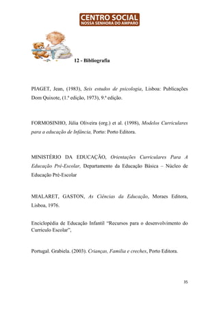 12 - Bibliografia




PIAGET, Jean, (1983), Seis estudos de psicologia, Lisboa: Publicações
Dom Quixote, (1.ª edição, 1973), 9.ª edição.



FORMOSINHO, Júlia Oliveira (org.) et al. (1998), Modelos Curriculares
para a educação de Infância, Porto: Porto Editora.



MINISTÉRIO DA EDUCAÇÃO, Orientações Curriculares Para A
Educação Pré-Escolar, Departamento da Educação Básica – Núcleo de
Educação Pré-Escolar



MIALARET, GASTON, As Ciências da Educação, Moraes Editora,
Lisboa, 1976.


Enciclopédia de Educação Infantil “Recursos para o desenvolvimento do
Curriculo Escolar”,



Portugal. Grabiela. (2003). Crianças, Familia e creches, Porto Editora.




                                                                          35
 