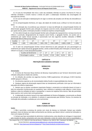 Patronato de Nossa Senhora da Bonança - Instituição Particular de Solidariedade Social
PNSB.RI.C - Regulamento Interno da Resposta Social Creche
Rua Joaquim Fão, n.º 27  4910-517 Vila Praia de Âncora  Telefone e Fax: 258 911 783  Telemóvel: 925 968 667
Correio Eletrónico: patronato.bonanca@gmail.com; patronato.bonanca@sapo.pt
Web Site: http://patronato-bonanca.blogspot.pt  http://www.facebook.com/patronato.bonanca
Pág.
9 de 15
11. O custo da mensalidade não inclui o valor das atividades referidas no ponto 2 da Norma IV. Para as
referidas atividades a Creche reserva o direito de pedir a colaboração monetária dos encarregados de
educação dos clientes;
12. Em caso de alteração à tabela/preçário em vigor os clientes são avisados com 30 dias de antecedência e
por escrito.
13. As comparticipações familiares, em regra, são objeto de revisão anual, a efetuar no início de cada ano
letivo.
14. Por alteração das circunstâncias que estiverem na base da definição da comparticipação familiar de
determinado agregado familiar pela utilização da resposta social de creche, designadamente no rendimento
per capita mensal, pode a instituição proceder à revisão da respetiva comparticipação.
15. Para determinação da comparticipação familiar pela utilização dos equipamentos e serviços da área da
infância e juventude, designadamente da resposta social Creche, o agregado familiar, de acordo com o
rendimento per capita mensal apurado, é posicionado num dos seguintes escalões indexados à RMMG
(Retribuição Mínima Mensal Garantida):
Escalões 1.º 2.º 3.º 4.º 5.º 6.º
RMMG ≤ 30% > 30% ≤ 50% > 50% ≤ 70% > 70% ≤ 100% > 100% ≤ 150% > 150%
16. O valor da comparticipação familiar mensal determina-se pela aplicação de uma percentagem ao
rendimento per capita mensal do agregado familiar, sendo as determinadas pela instituição as mesmas que se
indicam na circular n.º 4 de 16/12/2014 da DGSS:
Escalões de Rendimento 1.º 2.º 3.º 4.º 5.º 6.º
Percentagem a aplicar 15% 22,5% 27,5% 30% 32,5% 35%
CAPÍTULO IV
PRESTAÇÃO DOS CUIDADOS E SERVIÇOS
NORMA XVIII
Refeições
Alimentação:
1. A Creche do Patronato Nossa Senhora da Bonança responsabiliza-se por fornecer diariamente quatro
refeições adequadas às idades dos utentes;
2. As refeições são servidas nos seguintes horários: 9:00h (suplemento); 11h (almoço); 15:30 h (lanche);
18:00h (pequeno reforço);
3. Os alimentos especiais ou de recomendação médica ficarão à responsabilidade dos clientes;
4. Qualquer regime de alimentação especial deve ser devidamente justificado e tem que ser informado à
educadora de infância responsável;
5. Sempre que os clientes considerem importante festejar o aniversário na instituição devem só trazer o
bolo de aniversário (confecionado em pastelaria), fazer referência à pastelaria onde adquiriu o bolo (nome,
telefone e data da confeção do bolo) e acompanhar o mesmo da respetiva ficha técnica. Não são permitidos
bolos caseiros, nem sumos, bem como guloseimas;
6. A elaboração da ementa mensal é da responsabilidade da Diretora Pedagógica, encontrando-se afixada
na entrada da instituição e no refeitório. A ementa é supervisionada pela Diretora Técnica. As ementas da
instituição são analisadas e avaliadas por uma nutricionista.
NORMA XIX
Saúde e Cuidados de Higiene
Saúde:
1. Não é permitida a presença de utentes com sinais de doença na Instituição. Sempre que notados
quaisquer sinais de doença será dado conhecimento aos clientes, que devem retirar o utente da Instituição no
mais curto espaço de tempo;
2. Sempre que haja necessidade de administrar medicamentos, estes deverão ser entregues à responsável
pela receção do utente, juntamente com uma nota indicando o nome do utente, bem como as quantidades e
 