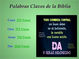Palabras Claves de la BibliaPalabras Claves de la Biblia
• Amar 714 Veces
• Dar 2162 Veces
• Creer 272 Veces
• Orar 371 Veces
 