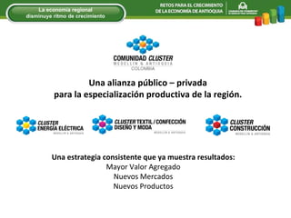 Una alianza público – privada para la especialización productiva de la región. Una estrategia consistente que ya muestra resultados: Mayor Valor Agregado Nuevos Mercados Nuevos Productos La econom í a regional disminuye ritmo de crecimiento 