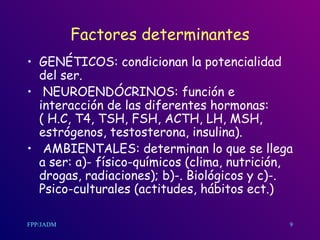 Factores determinantes GENÉTICOS: condicionan la potencialidad del ser. NEUROENDÓCRINOS: función e  interacción de las diferentes hormonas:  ( H.C, T4, TSH, FSH, ACTH, LH, MSH, estrógenos, testosterona, insulina). AMBIENTALES: determinan lo que se llega a ser: a)- físico-químicos (clima, nutrición, drogas, radiaciones); b)-. Biológicos y c)-.  Psico-culturales (actitudes, hábitos ect.)  9 