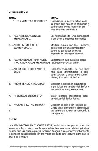 Documento digitalizado electrónicamente informar errores de sintaxis y ortografía a greccco@gmail.com
CRECIMENTO 2
TEMA META
1. "LA AMISTAD CON DIOS" Enseñarles un nuevo enfoque de
la gracia que hay en la confesión y
comunión y como mantener su
vida cristiana en rectitud.
2. —"LA AMISTAD CON LOS La necesidad de una comunidad
HERMANOS"... y del amor a nuestros hermanos
3. —"LOS ENEMIGOS DE Mostrar cuales son los factores
COMUNIDAD"... de división en una comunidad y
como no participar en estos
logrando la unión por el Amor.
4. —"COMO DEMOSTRAR NUES- La forma en que nuestras obras,
TRO AMOR A LOS HERMANOS pueden demostrar amor.
5. —"COMO SEGUIR LA VOZ DE Hacerles consientes de que Dios
DIOS" nos guía, animándoles a que
sean dóciles, y enseñarles cómo
distinguir la voz del Señor.
6._ "ROMPIENDO ATADURAS" Enseñar a los recién bautizados
a participar en la obra del Señor y
las bendiciones que esto trae.
7. —"TESTIGOS DE CRISTO" Estar siempre preparados para
la venida del Señor Jesús.
8. —"VELAD Y ESTAD LISTOS" Enseñarles cómo ser testigos de
Cristo ante el mundo y c6mo llevar
a las personas nuevas a conocerlo y
aceptarlo.
NOTA:
Las CONVIVENCIAS Y COMPARTIR serán llevadas por el líder, de
acuerdo a las clases que le anteceden: tendrán como objeto principal
buscar que las clases que ya tomaron, tengan el mejor aprovechamiento
y conocer su aplicación, en las vidas de cada uno servirá para que el
grupo se edifique.
 