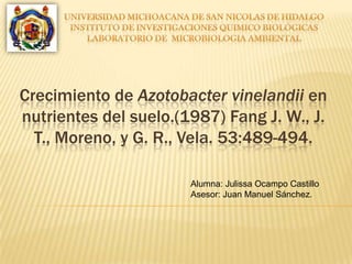 Crecimiento de Azotobacter vinelandii en
nutrientes del suelo.(1987) Fang J. W., J.
T., Moreno, y G. R., Vela. 53:489-494.
Alumna: Julissa Ocampo Castillo
Asesor: Juan Manuel Sánchez.
 
