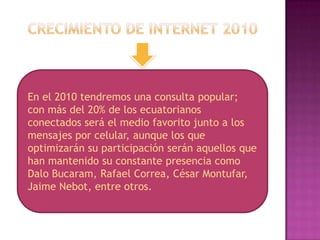 Crecimiento de internet 2010En el 2010 tendremos una consulta popular; con más del 20% de los ecuatorianos conectados será el medio favorito junto a los mensajes por celular, aunque los que optimizarán su participación serán aquellos que han mantenido su constante presencia como Dalo Bucaram, Rafael Correa, César Montufar, Jaime Nebot, entre otros.