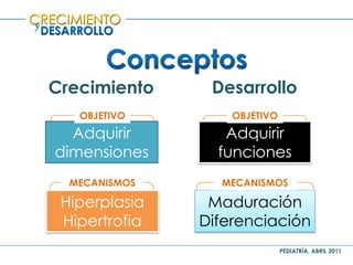 PEDIATRÍA, ABRIL 2011
y
Desarrollo
Adquirir
dimensiones
Crecimiento
Adquirir
funciones
Hiperplasia
Hipertrofia
Maduración
Diferenciación
OBJETIVO OBJETIVO
MECANISMOS MECANISMOS
 