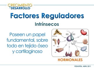 PEDIATRÍA, ABRIL 2011
y
Intrínsecos
HORMONALES
Poseen un papel
fundamental, sobre
todo en tejido óseo
y cartilaginoso
 