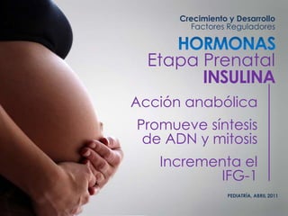 Crecimiento y Desarrollo
Factores Reguladores
PEDIATRÍA, ABRIL 2011
Etapa Prenatal
INSULINA
Acción anabólica
Incrementa el
IFG-1
Promueve síntesis
de ADN y mitosis
 