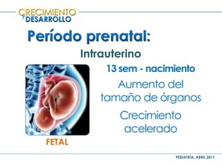 PEDIATRÍA, ABRIL 2011
y
Intrauterino
FETAL
13 sem - nacimiento
Aumento del
tamaño de órganos
Crecimiento
acelerado
 