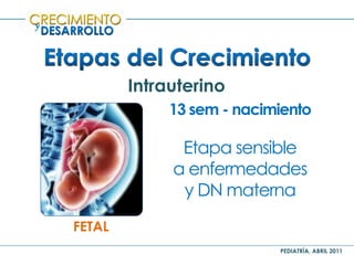 PEDIATRÍA, ABRIL 2011
y
Intrauterino
FETAL
13 sem - nacimiento
Etapa sensible
a enfermedades
y DN materna
 