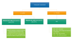 Evaluación nutricional
0 -5 años
Menores de 1 año: peso para la
edad (P/E).
*Será P/E siempre y cuando la talla sea
normal, porque si la talla es baja,
probablemente el peso sea un poco
mas bajo, por lo tanto, si la talla no es
normal se evalúa con peso para la talla
Mayores de 1 año: peso para la
talla (P/T).
5 – 18 años
IMC
IMC >2D.E : obesidad
IMC +1DE y +2DE: Riesgo de obesidad
o sobrepeso
IMC +1DE y -1DE: eutrofia
IMC < -1 DE: déficit ponderal
 
