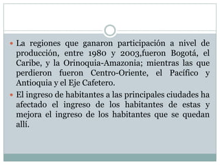 La regiones que ganaron participación a nivel de producción, entre 1980 y 2003,fueron Bogotá, el Caribe, y la Orinoquia-Amazonia; mientras las que perdieron fueron Centro-Oriente, el Pacífico y Antioquia y el Eje Cafetero.El ingreso de habitantes a las principales ciudades ha afectado el ingreso de los habitantes de estas y mejora el ingreso de los habitantes que se quedan allí. 