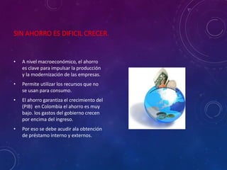 SIN AHORRO ES DIFICIL CRECER.
• A nivel macroeconómico, el ahorro
es clave para impulsar la producción
y la modernización de las empresas.
• Permite utilizar los recursos que no
se usan para consumo.
• El ahorro garantiza el crecimiento del
(PIB) en Colombia el ahorro es muy
bajo. los gastos del gobierno crecen
por encima del ingreso.
• Por eso se debe acudir ala obtención
de préstamo interno y externos.
 