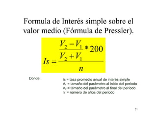 21
Formula de Interés simple sobre el
valor medio (Fórmula de Pressler).
n
VV
VV
Is
200*
12
12



Donde: Is = tasa promedio anual de interés simple
V1 = tamaño del parámetro al inicio del período
V2 = tamaño del parámetro al final del período
n = número de años del período
 