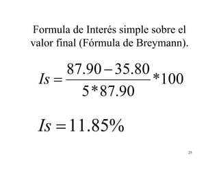 25
Formula de Interés simple sobre el
valor final (Fórmula de Breymann).
100*
90.87*5
80.3590.87 
Is
%85.11Is
 