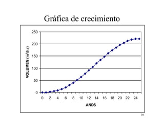 30
Gráfica de crecimiento
0
50
100
150
200
250
0 2 4 6 8 10 12 14 16 18 20 22 24
AÑOS
VOLUMEN(m3
/ha)
 