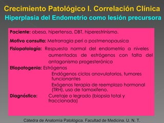 Paciente:  obesa, hipertensa, DBT, hiperestrinismo. Motivo consulta:  Metrorragia peri o postmenopausica Fisiopatología:  Respuesta normal del endometrio a niveles  aumentados de estrógenos con falta del antagonismo progesterónico  Etiopatogenia:  Estrógenos  Endógenos ciclos anovulatorios, tumores funcionantes Exógenos terapia de reemplazo hormonal (TRH), uso de tamoxifeno.  Diagnóstico:   Curetaje o legrado (biopsia total y fraccionada) Crecimiento Patológico I. Correlación Clínica   Hiperplasia del Endometrio como lesión precursora Cátedra de Anatomía Patológica. Facultad de Medicina. U. N. T. 
