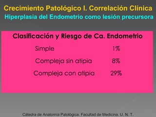 Clasificación y Riesgo de Ca. Endometrio Simple  1% Compleja sin atipia 8% Compleja con atipia 29% Crecimiento Patológico I. Correlación Clínica   Hiperplasia del Endometrio como lesión precursora Cátedra de Anatomía Patológica. Facultad de Medicina. U. N. T. 