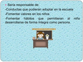  Sería responsable de:
-Conductas que pudieran adoptar en la escuela
-Fomentar valores en los niños
-Fomentar hábitos que permitieran al niño
desarrollarse de forma íntegra como persona.
 