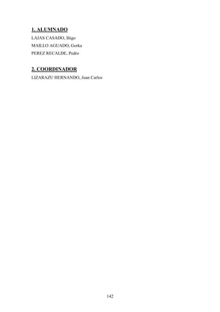 142
1. ALUMNADO
LAJAS CASADO, Iñigo
MAILLO AGUADO, Gorka
PEREZ RECALDE, Pedro
2. COORDINADOR
LIZARAZU HERNANDO, Juan Carlos
 