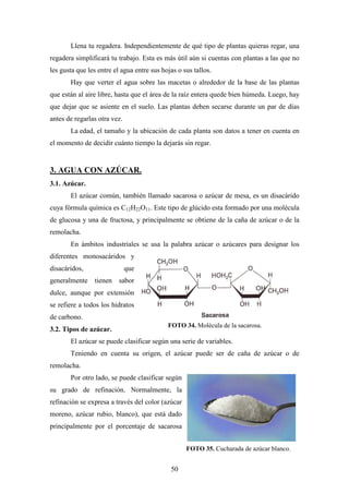 50
Llena tu regadera. Independientemente de qué tipo de plantas quieras regar, una
regadera simplificará tu trabajo. Esta es más útil aún si cuentas con plantas a las que no
les gusta que les entre el agua entre sus hojas o sus tallos.
Hay que verter el agua sobre las macetas o alrededor de la base de las plantas
que están al aire libre, hasta que el área de la raíz entera quede bien húmeda. Luego, hay
que dejar que se asiente en el suelo. Las plantas deben secarse durante un par de días
antes de regarlas otra vez.
La edad, el tamaño y la ubicación de cada planta son datos a tener en cuenta en
el momento de decidir cuánto tiempo la dejarás sin regar.
3. AGUA CON AZÚCAR.
3.1. Azúcar.
El azúcar común, también llamado sacarosa o azúcar de mesa, es un disacárido
cuya fórmula química es C12H22O11. Este tipo de glúcido esta formado por una molécula
de glucosa y una de fructosa, y principalmente se obtiene de la caña de azúcar o de la
remolacha.
En ámbitos industriales se usa la palabra azúcar o azúcares para designar los
diferentes monosacáridos y
disacáridos, que
generalmente tienen sabor
dulce, aunque por extensión
se refiere a todos los hidratos
de carbono.
3.2. Tipos de azúcar.
El azúcar se puede clasificar según una serie de variables.
Teniendo en cuenta su origen, el azúcar puede ser de caña de azúcar o de
remolacha.
Por otro lado, se puede clasificar según
su grado de refinación. Normalmente, la
refinación se expresa a través del color (azúcar
moreno, azúcar rubio, blanco), que está dado
principalmente por el porcentaje de sacarosa
FOTO 34. Molécula de la sacarosa.
FOTO 35. Cucharada de azúcar blanco.
 