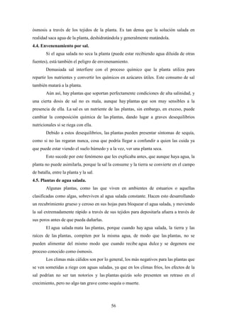 56
ósmosis a través de los tejidos de la planta. Es tan densa que la solución salada en
realidad saca agua de la planta, deshidratándola y generalmente matándola.
4.4. Envenenamiento por sal.
Si el agua salada no seca la planta (puede estar recibiendo agua diluida de otras
fuentes), está también el peligro de envenenamiento.
Demasiada sal interfiere con el proceso químico que la planta utiliza para
repartir los nutrientes y convertir los químicos en azúcares útiles. Este consumo de sal
también matará a la planta.
Aún así, hay plantas que soportan perfectamente condiciones de alta salinidad, y
una cierta dosis de sal no es mala, aunque hay plantas que son muy sensibles a la
presencia de ella. La sal es un nutriente de las plantas, sin embargo, en exceso, puede
cambiar la composición química de las plantas, dando lugar a graves desequilibrios
nutricionales si se riega con ella.
Debido a estos desequilibrios, las plantas pueden presentar síntomas de sequía,
como si no las regaran nunca, cosa que podría llegar a confundir a quien las cuida ya
que puede estar viendo el suelo húmedo y a la vez, ver una planta seca.
Esto sucede por este fenómeno que les explicaba antes, que aunque haya agua, la
planta no puede asimilarla, porque la sal la consume y la tierra se convierte en el campo
de batalla, entre la planta y la sal.
4.5. Plantas de agua salada.
Algunas plantas, como las que viven en ambientes de estuarios o aquellas
clasificadas como algas, sobreviven al agua salada constante. Hacen esto desarrollando
un recubrimiento grueso y ceroso en sus hojas para bloquear el agua salada, y moviendo
la sal extremadamente rápido a través de sus tejidos para depositarla afuera a través de
sus poros antes de que pueda dañarlas.
El agua salada mata las plantas, porque cuando hay agua salada, la tierra y las
raíces de las plantas, compiten por la misma agua, de modo que las plantas, no se
pueden alimentar del mismo modo que cuando recibe agua dulce y se degenera ese
proceso conocido como ósmosis.
Los climas más cálidos son por lo general, los más negativos para las plantas que
se ven sometidas a riego con aguas saladas, ya que en los climas fríos, los efectos de la
sal podrían no ser tan notorios y las plantas quizás solo presenten un retraso en el
crecimiento, pero no algo tan grave como sequía o muerte.
 