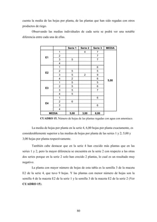 80
cuenta la media de las hojas por planta, de las plantas que han sido regadas con otros
productos de riego.
Observando las medias individuales de cada serie se podrá ver una notable
diferencia entre cada una de ellas.
Serie 1 Serie 2 Serie 3 MEDIA
1 4 7
2 7
3 5 7
E1
4
1 6
2 5 5
3 5 2 9
E2
4 2 6
1 5 5
2 5 6
3 5 7
E3
4 5
1 6
2 6
3 6
E4
4
5,00
MEDIA 5,00 3,00 6,00
La media de hojas por planta en la serie 4, 6,00 hojas por planta exactamente, es
considerablemente superior a las medias de hojas por planta de las series 1 y 2; 5,00 y
3,00 hojas por planta respectivamente.
También cabe destacar que en la serie 4 han crecido más plantas que en las
series 1 y 2, pero la mayor diferencia se encuentra en la serie 2 con respecto a las otras
dos series porque en la serie 2 solo han crecido 2 plantas, lo cual es un resultado muy
negativo.
La planta con mayor número de hojas de esta tabla es la semilla 3 de la maceta
E2 de la serie 4, que tuvo 9 hojas. Y las plantas con menor número de hojas son la
semilla 4 de la maceta E2 de la serie 1 y la semilla 3 de la maceta E2 de la serie 2 (Ver
CUADRO 15).
CUADRO 15. Número de hojas de las plantas regadas con agua con amoniaco.
 