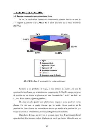 85
62,42%
62,50%
83,33%0,00%
50,00%
52,08%
54%
Agua
Agua destilada
Agua con azúcar
Agua con sal
Agua con amoniaco
Gaseosa
Agua con zumo de limón
1. TASA DE GERMINACIÓN.
1.1. Tasa de germinación por producto de riego.
De las 336 semillas que fueron cultivadas sumando todas las 3 series, un total de
174 llegaron a germinar (Ver ANEXO 8); es decir, poco más de la mitad de alubias
(51,79%).
Respecto a los productos de riego, el más exitoso en cuanto a la tasa de
germinación fue el agua con azúcar (en una concentración de 50gr/L), ya que crecieron
40 semillas de las 48 que se plantaron en total (sumando las 3 series), es decir, un
83,33% de las alubias llegaron a germinar.
El azúcar disuelto puede tener efectos tanto negativos como positivos en las
plantas. En este caso se puede observar que ha tenido efectos positivos en la
germinación. Los azúcares son sustancias de reserva que ayudan a la germinación, por
lo que la adición de este elemento provoca que la germinación aumente.
El producto de riego que provocó la segunda mayor tasa de germinación fue el
agua destilada. Crecieron un total de 30 plantas, de las 48 que habían sido cultivadas; es
GRÁFICO 4. Tasa de germinación por productos de riego.
 