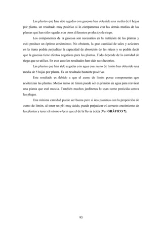 93
Las plantas que han sido regadas con gaseosa han obtenido una media de 6 hojas
por planta, un resultado muy positivo si lo comparamos con las demás medias de las
plantas que han sido regadas con otros diferentes productos de riego.
Los componentes de la gaseosa son necesarios en la nutrición de las plantas y
esto produce un óptimo crecimiento. No obstante, la gran cantidad de sales y azúcares
en la tierra podría perjudicar la capacidad de absorción de las raíces y se podría decir
que la gaseosa tiene efectos negativos para las plantas. Todo depende de la cantidad de
riego que se utilice. En este caso los resultados han sido satisfactorios.
Las plantas que han sido regadas con agua con zumo de limón han obtenido una
media de 5 hojas por planta. Es un resultado bastante positivo.
Este resultado es debido a que el zumo de limón posee componentes que
revitalizan las plantas. Medio zumo de limón puede ser exprimido en agua para reavivar
una planta que esté mustia. También muchos jardineros lo usan como pesticida contra
las plagas.
Una mínima cantidad puede ser buena pero si nos pasamos con la proporción de
zumo de limón, al tener un pH muy ácido, puede perjudicar el correcto crecimiento de
las plantas y tener el mismo efecto que el de la lluvia ácida (Ver GRÁFICO 7).
 