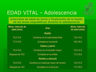 EDAD VITAL - Adolescencia
  Intervalos de edad de inicio y finalización de la fusión
    de las áreas esqueléticas durante la adolescencia
Niños: intervalo de                                           Niñas: Intervalo
                                      Área
   edad (años)                                                de edad (años)
                                     Rodilla
     15,0-15,5           Comienzo en la tuberosidad tibial       13,5-14,0
     17,0-18,0                Completa en el peroné              16,0-16,5
                                 Cabeza y pelvis
     15,5-16,0            Comienzo en el trocánter mayor         14,0-14,5
 Después de 18,0              Completa en la sínfisis            17,5-18,0
                               Hombro y clavícula
     15,5-16,0        Comienzo en tubérculo mayor de húmero      14,0-14,5
 Después de 18,0             Completa en la clavícula            17,5-18,0
 