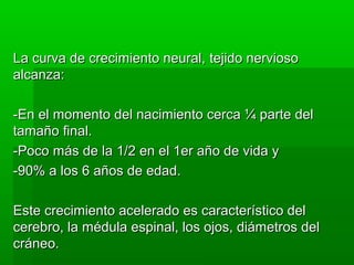 La curva de crecimiento neural, tejido nervioso
alcanza:

-En el momento del nacimiento cerca ¼ parte del
tamaño final.
-Poco más de la 1/2 en el 1er año de vida y
-90% a los 6 años de edad.

Este crecimiento acelerado es característico del
cerebro, la médula espinal, los ojos, diámetros del
cráneo.
 