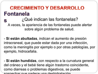 ¿Qué indican las fontanelas?
A veces, la apariencia de las fontanelas puede alertar
sobre algún problema de salud.
- Si están abultadas, indican el aumento de presión
intracraneal, que puede estar dada por una infección,
como la meningitis por ejemplo o por otras patologías, por
ejemplo, hidrocefalia.
- Si están hundidas, con respecto a la curvatura general
del cráneo y el bebé tiene algún trastorno coincidente,
como diarreas o problemas digestivos, se puede
 