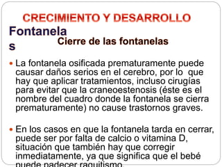  La fontanela osificada prematuramente puede
causar daños serios en el cerebro, por lo que
hay que aplicar tratamientos, incluso cirugías
para evitar que la craneoestenosis (éste es el
nombre del cuadro donde la fontanela se cierra
prematuramente) no cause trastornos graves.
 En los casos en que la fontanela tarda en cerrar,
puede ser por falta de calcio o vitamina D,
situación que también hay que corregir
inmediatamente, ya que significa que el bebé
 