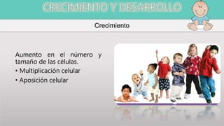 Crecimiento
Aumento en el número y
tamaño de las células.
• Multiplicación celular
• Aposición celular
 