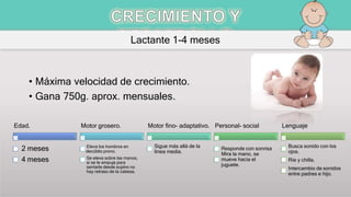 • Máxima velocidad de crecimiento.
• Gana 750g. aprox. mensuales.
Lactante 1-4 meses
Edad.
2 meses
4 meses
Motor grosero.
Eleva los hombros en
decúbito prono.
Se eleva sobre las manos,
si se le empuja para
sentarle desde supino no
hay retraso de la cabeza.
Motor fino- adaptativo.
Sigue más allá de la
línea media.
Personal- social
Responde con sonrisa
Mira la mano, se
mueve hacia el
juguete.
Lenguaje
Busca sonido con los
ojos.
Ríe y chilla.
Intercambio de sonidos
entre padres e hijo.
 